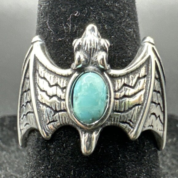 M Signed Navajo Artist Sterling Silver Turquoise Bat Ring 925 Size 6.75 7 - Picture 1 of 10